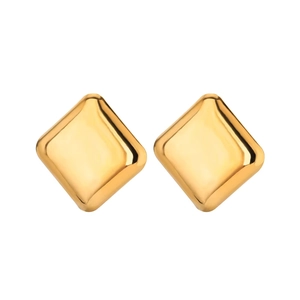 Close-up of golden hollow flower rhombic hoop earrings with polished steel finish