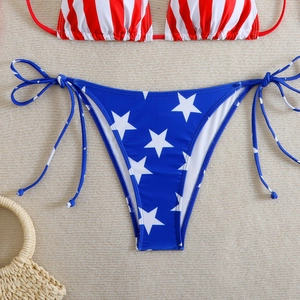 Detailed flat lay of American flag pattern bikini with halter top and side-tie bottoms