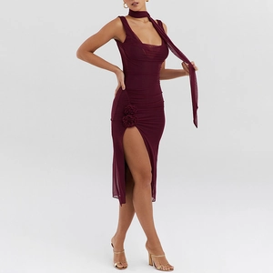 Burgundy mesh cowl neck slip dress with high slit and 3D floral accents for women