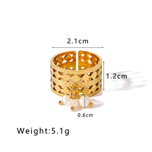 Detail view of 18K gold plated hollow ring with hanging pearls and measurement specs