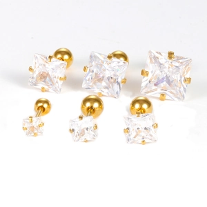 Three pairs of square cubic zirconia stud earrings in gold-plated stainless steel with screw backs