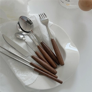 Detail of stainless steel cutlery set with wooden handles on ceramic plate