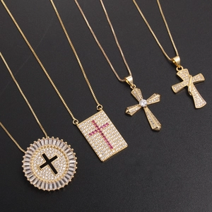 Vintage Copper Gold Plated Cross Pendant Necklace AAA Zirconia Inlaid Religious Hip Hop Jewelry For Unisex Gift Accessory