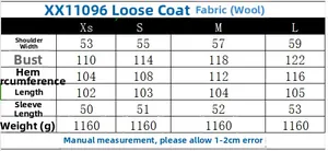 Detailed sizing chart for women loose wool coat including shoulder and chest measurements