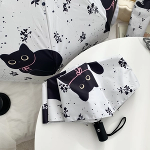 Automatic Folding Umbrella Pongee UV Protection Sun Rain Cute Black Cat Pattern Portable Windproof Parasol For Women