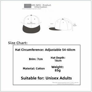 Size chart showing adjustable cotton baseball cap dimensions with 54-60cm circumference