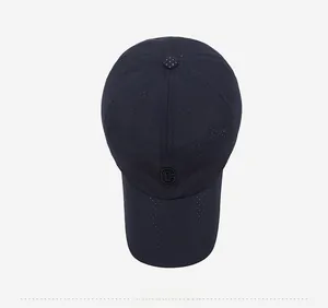 Top view of breathable mesh baseball cap with C letter embroidery and dotted top button