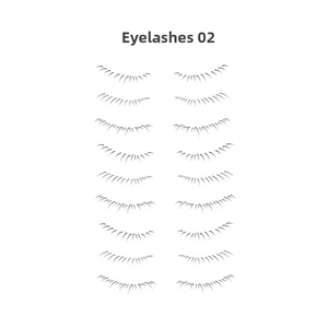 Detail view of 9 pairs of black waterproof lower eyelash tattoo stickers in various styles