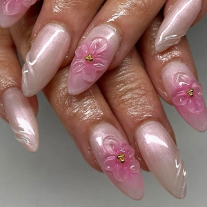 Long Pointed Press On Nails 3D Peach Blossom Design Gradient Blush Pink Fake Nails Handmade Sweet Nail Art Decoration For Women