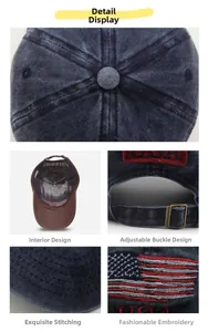 Close-up of vintage blue washed cotton cap showing US flag embroidery and metal buckle