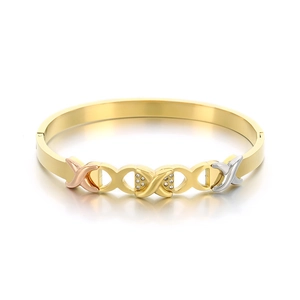 Three-tone 18K gold plated stainless steel crossover knot bangle with zircon accents