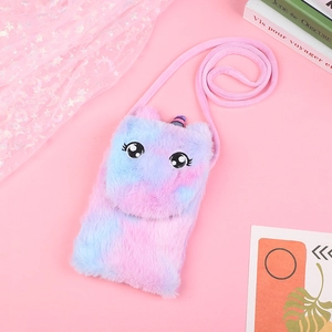 Detail of plush unicorn crossbody bag featuring macaron gradient fur and embroidery