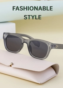 Polarized square sunglasses in matte grey with deep grey lenses and pink leather case