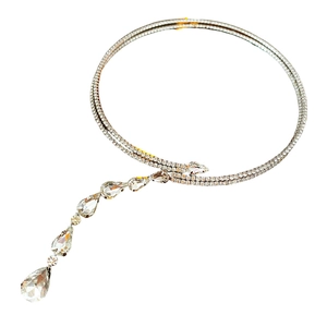 Sparkling zircon double water drop pendant necklace with silver snake chain and tassels