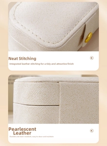 Close-up of pearlized white PU leather jewelry box with neat stitching and gold snap button