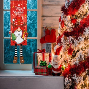 Christmas gnome door banner with Feliz Navidad greeting and festive tree decorations