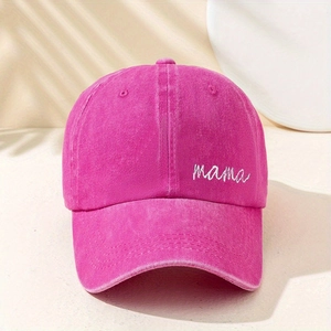 Detail of rose red washed cotton baseball cap with white mama script embroidery