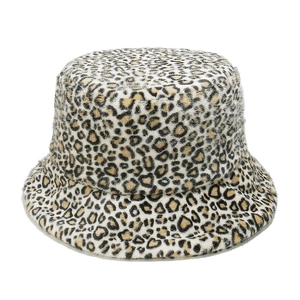 Macro detail of soft faux fur texture on this classic leopard print bucket hat