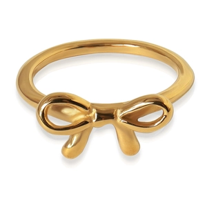 Elegant gold bow-shaped stainless steel crossover ring with polished finish on white background