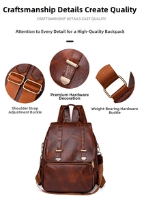 Details von goldfarbenen Metallteilen und Nähten an einem braunen Vintage-Lederrucksack