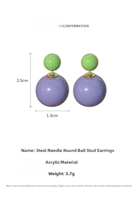 Close-up of dual-ball acrylic earrings in green and purple colors with measurements