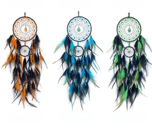Detailed comparison of handmade dreamcatchers in orange, blue, and green feather styles