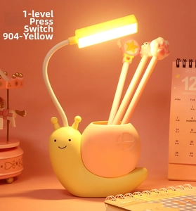 Detail of snail shaped LED desk lamp with yellow pencil holder and white flexible neck