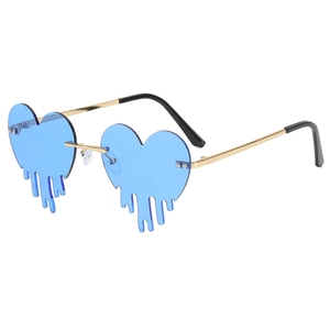 Blue heart-shaped drip rimless sunglasses with gold metal temples shown at a side angle