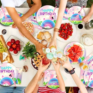 Detailed view of Gabby birthday party tableware set with plates, napkins and tablecloth