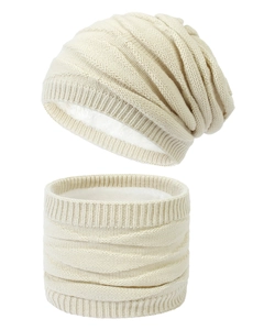 Close-up of knit winter beanie and scarf set with thick white fleece lining texture