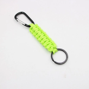 Green handmade braided nylon paracord keychain with a sturdy metal carabiner hook