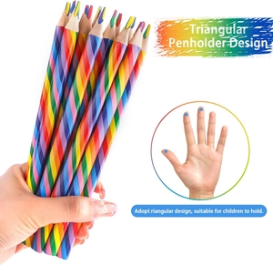 Detail of ergonomic triangular rainbow pencil design perfect for children to hold