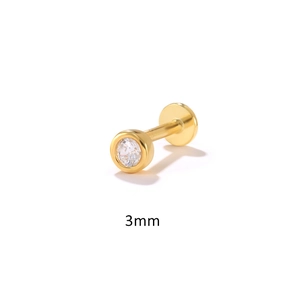 Macro shot of 3mm cubic zirconia stud featuring a flat back and gold finish screw post