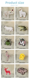 Detailed size chart for embroidered cartoon animal patches including elephant and flamingo