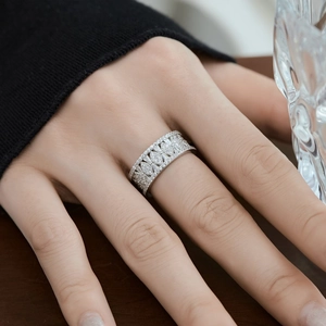 S925 sterling silver wide band ring with olive texture and pavé set zircons for women