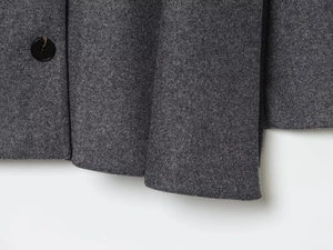 Detailed close-up of dark grey wool fabric texture and black round button on a coat