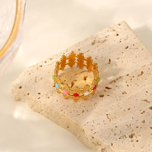 Close-up of 18K gold-plated double-layer crown ring with colorful enamel beads on stone