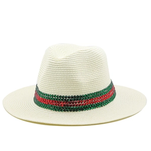 Beige Panama straw hat for men and women featuring red and green rhinestone band
