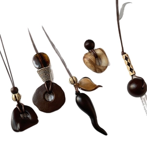 Vintage ethnic style wood and resin geometric pendant necklaces with dark leather cords