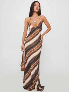 Sexy tie-dye backless maxi dress with V-neck and halter strap in brown sand print