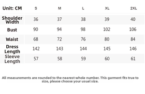 Size chart table with measurements for the vintage floral maxi dress from S to 2XL