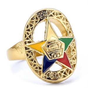 Gold vintage Freemason Eastern Star ring with colorful enamel and star engraving