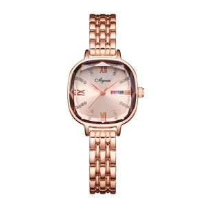 Elegant rose gold square watch for women with champagne dial and calendar display