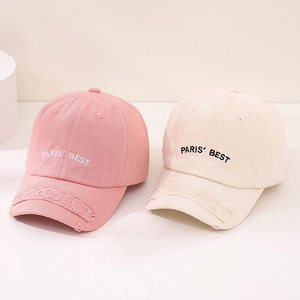 Detailed embroidery of PARIS' BEST logo and distressed brim on cotton baseball caps
