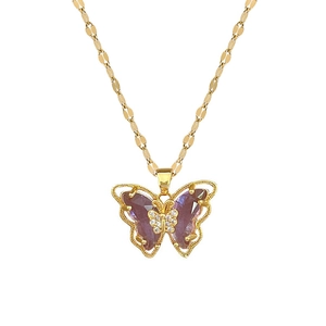 Elegant gold chain necklace with a purple butterfly pendant and central crystal accent