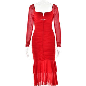 Red mesh long sleeve dress with square neck and fishtail hem on a white background