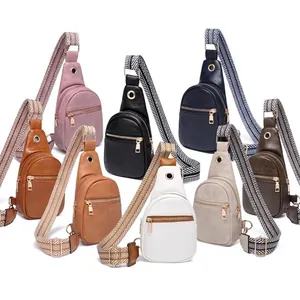 Women Sling Bag PU Leather Crossbody Chest Pack Geometric Wide Woven Strap Fashion Casual Spacious Travel Purse