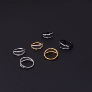 Seamless stainless steel nose rings with double rows of pavé zircon in silver, gold and black