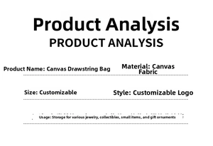Detailed product analysis chart showing customizable canvas drawstring bag specifications