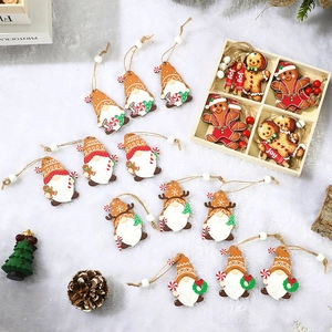 Wooden Christmas gnome and gingerbread man ornaments set in 4-grid wooden gift box